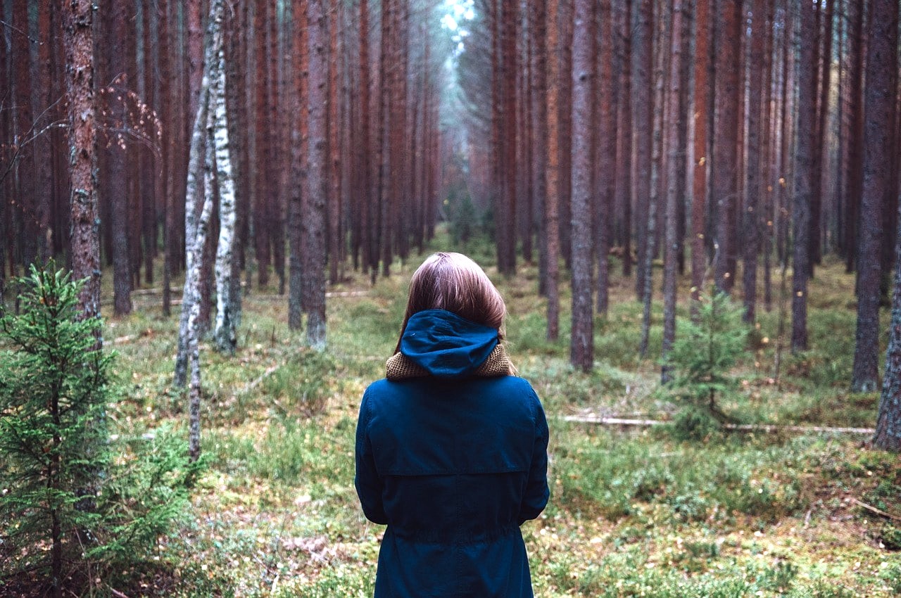Woman looking at a forest of debt