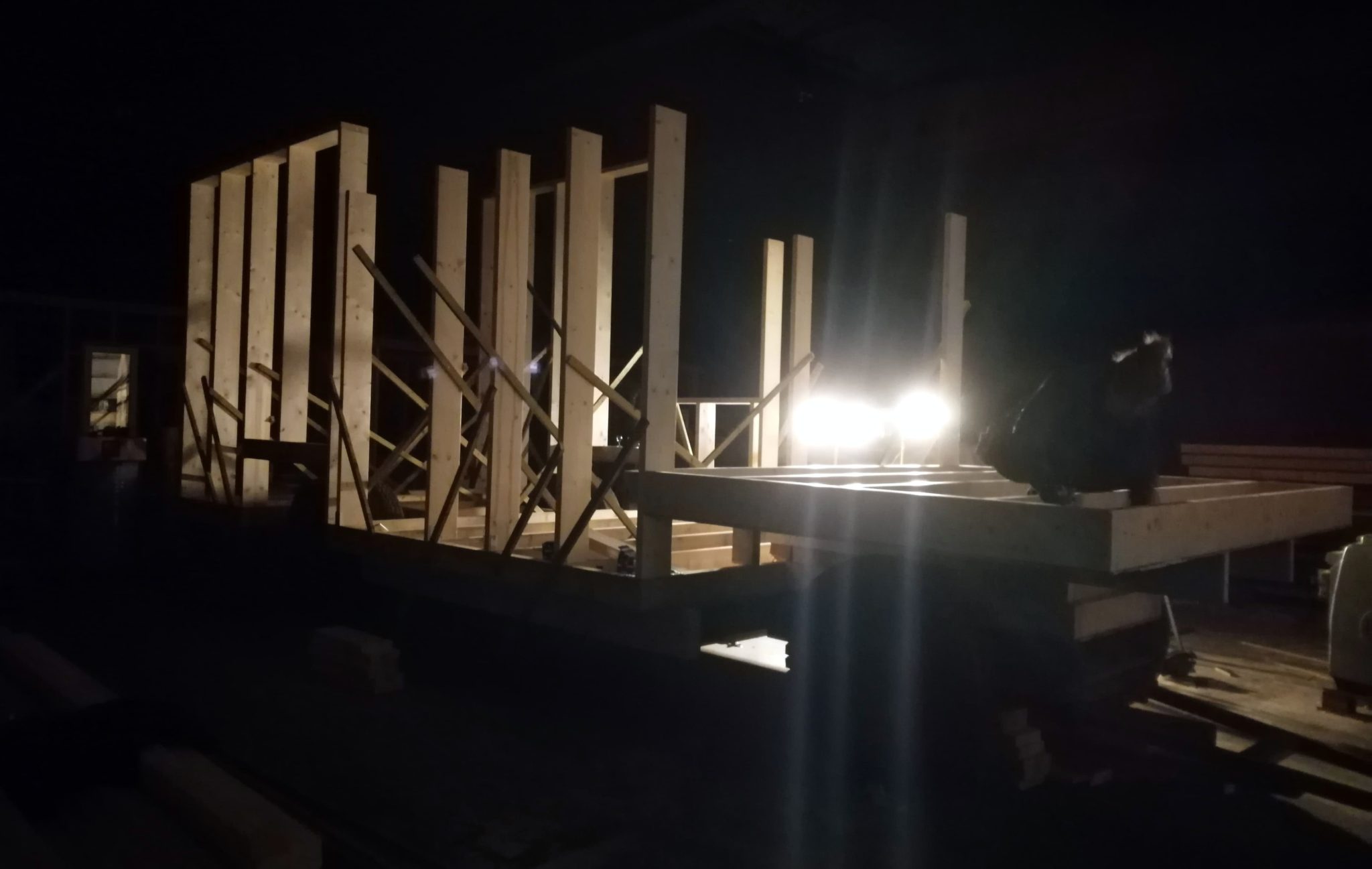 Working on tiny house in the dark